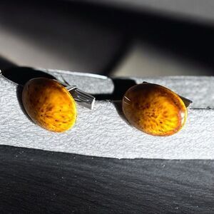 VTG Amber Brown Oval Cufflinks Silver tone Men Formal Wear Wedding Accessories